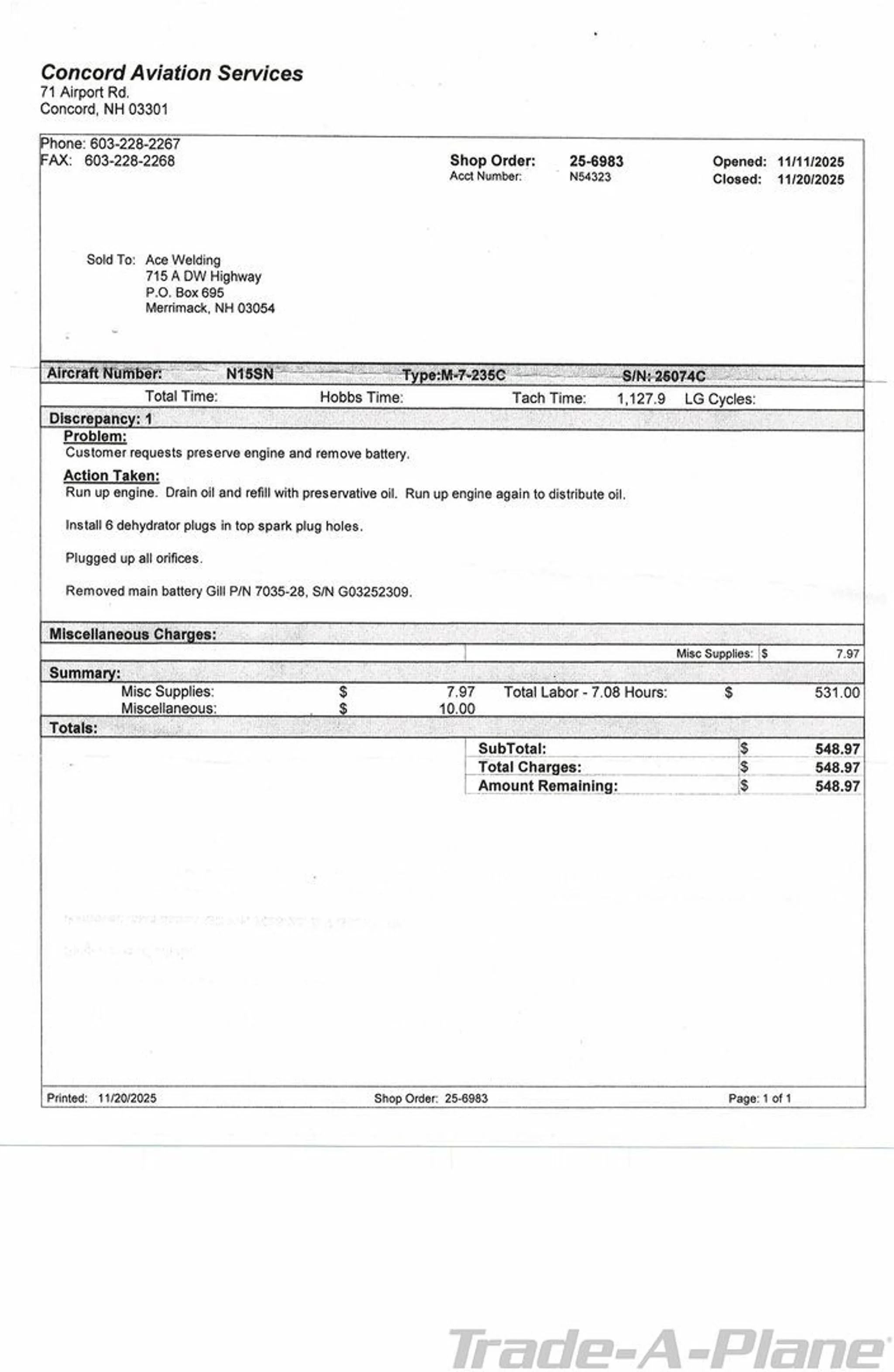 A maintenance record document for aircraft N15SN from Concord Aviation Services.
