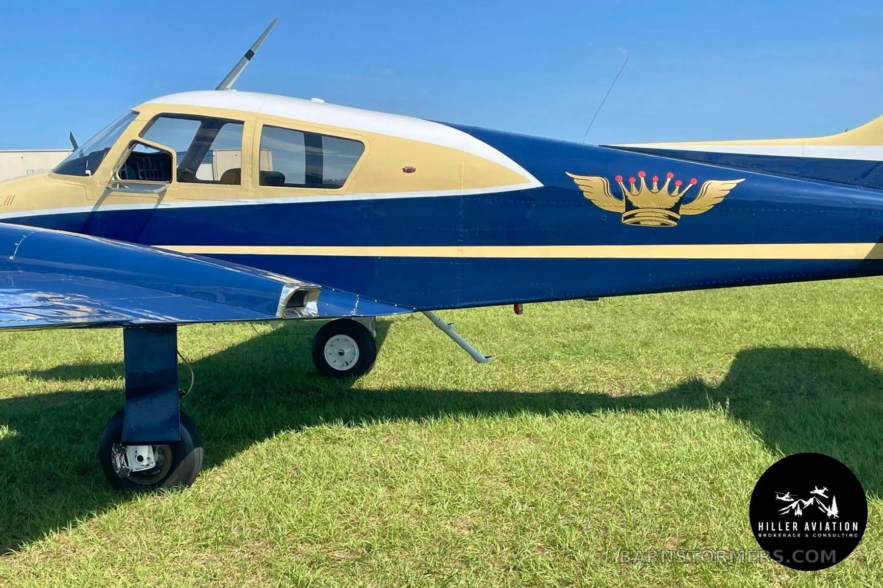 A close-up side view of a blue and gold aircraft fuselage with a crown logo and "Longbird III" text.