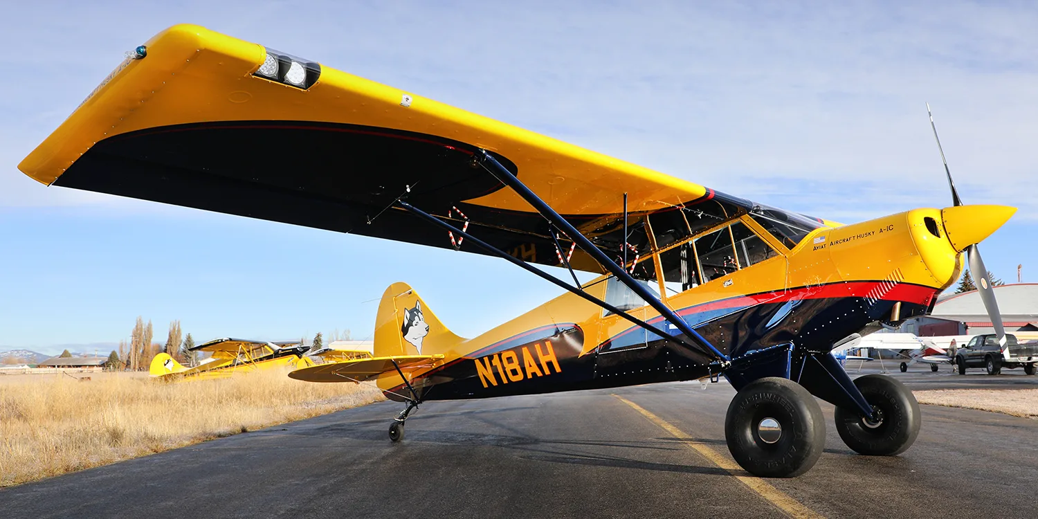 A yellow and black Aviat Aircraft Husky A-1C with a husky logo on the tail, parked on an airfield with other aircraft in the background.