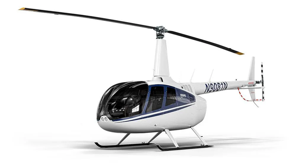 A white Robinson R66 helicopter with blue stripes, registration N9081N, shown from the front three-quarter view on a white background.