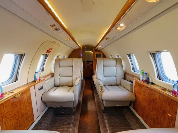 A view of the business jet's cabin, showing two rows of light tan leather seats and polished wood accents.