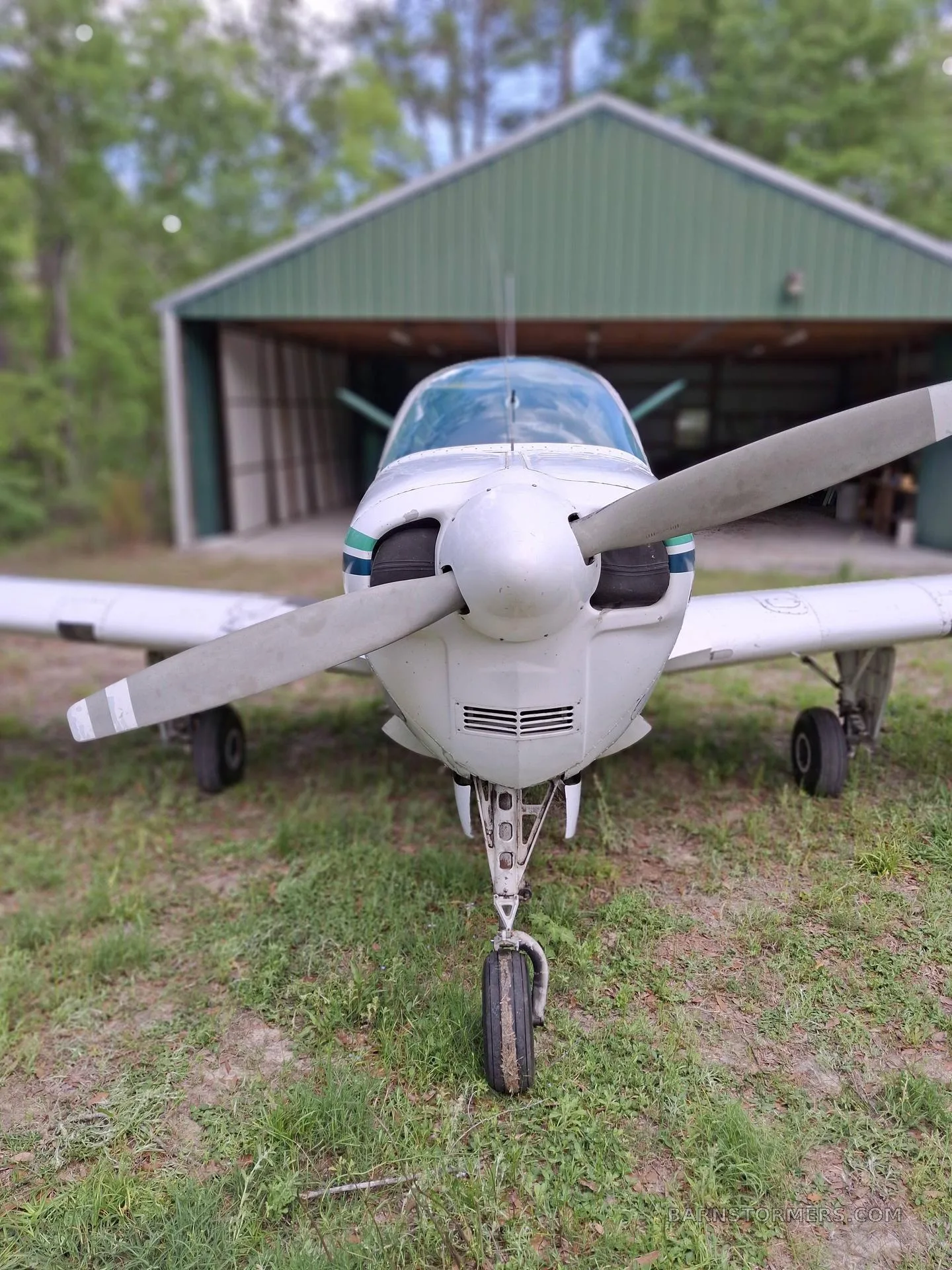 A front view of a white single-engine propeller aircraft with green stripes, parked on grass in front of a green hangar.