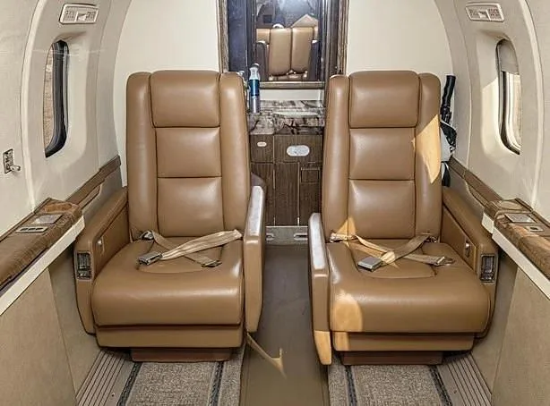 Two tan leather passenger seats in the aircraft's private jet cabin.
