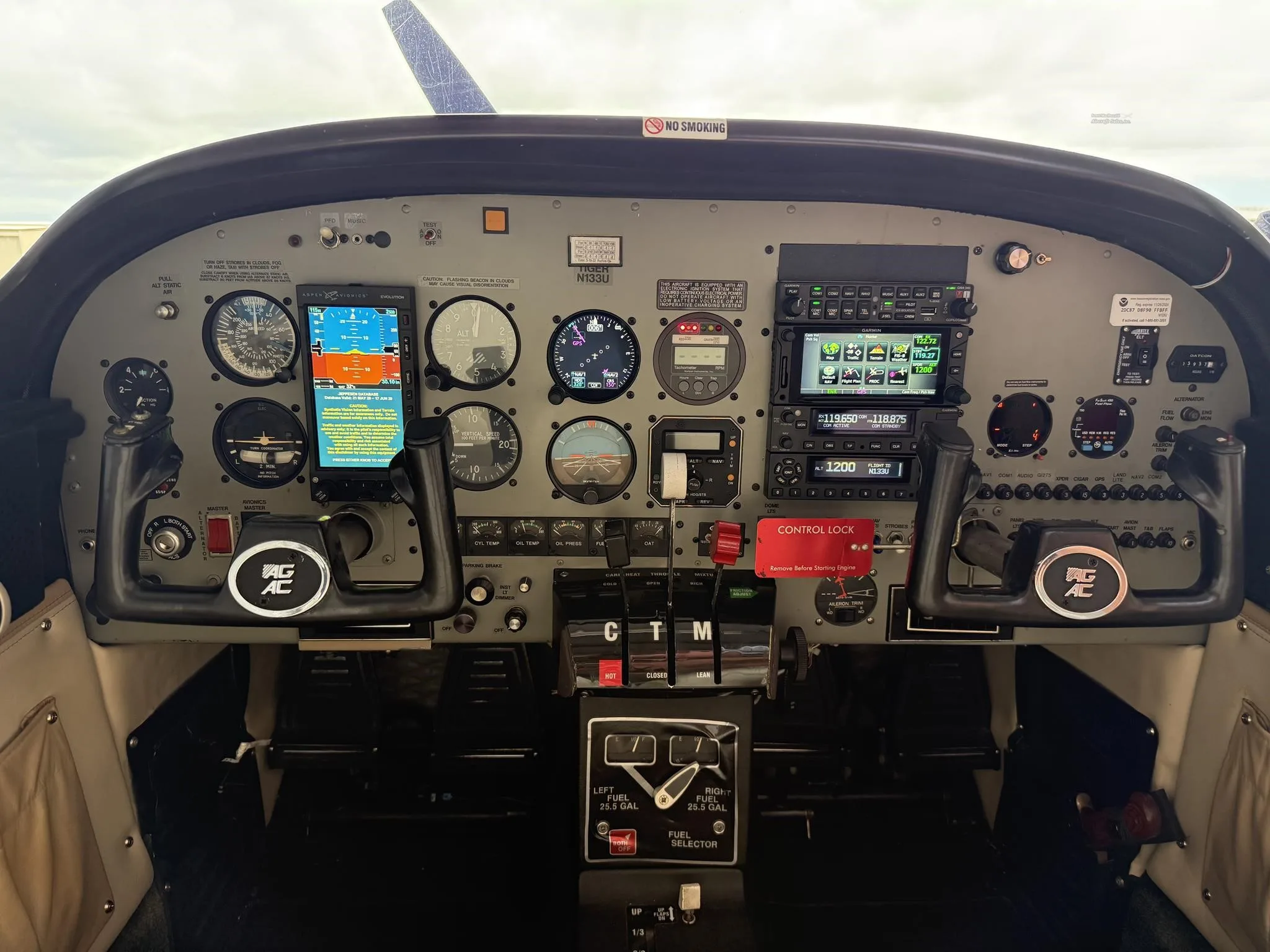 The cockpit instrument panel of an American General AG-5B Tiger aircraft, featuring analog gauges and modern Garmin avionics.