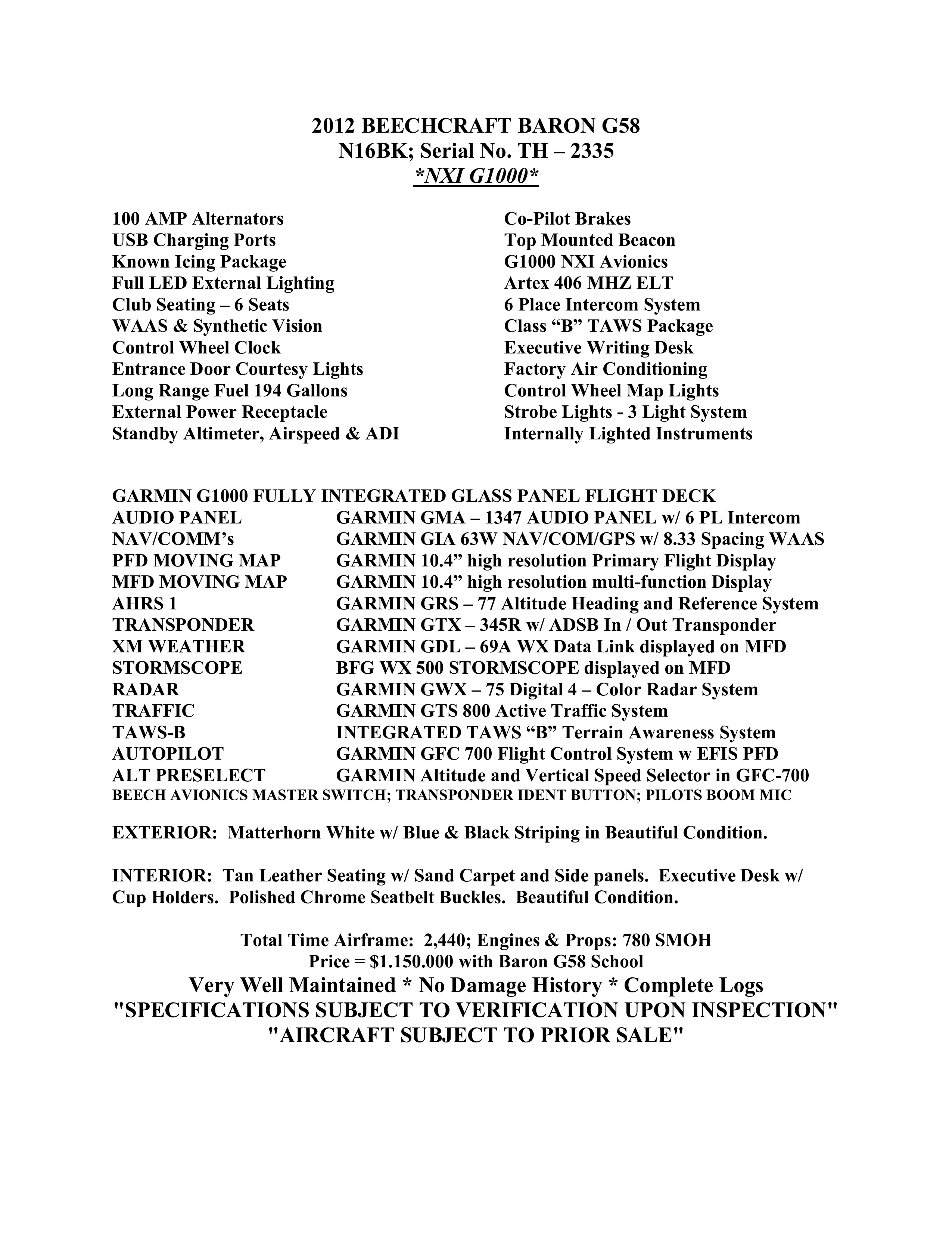 Aircraft specifications and equipment list.