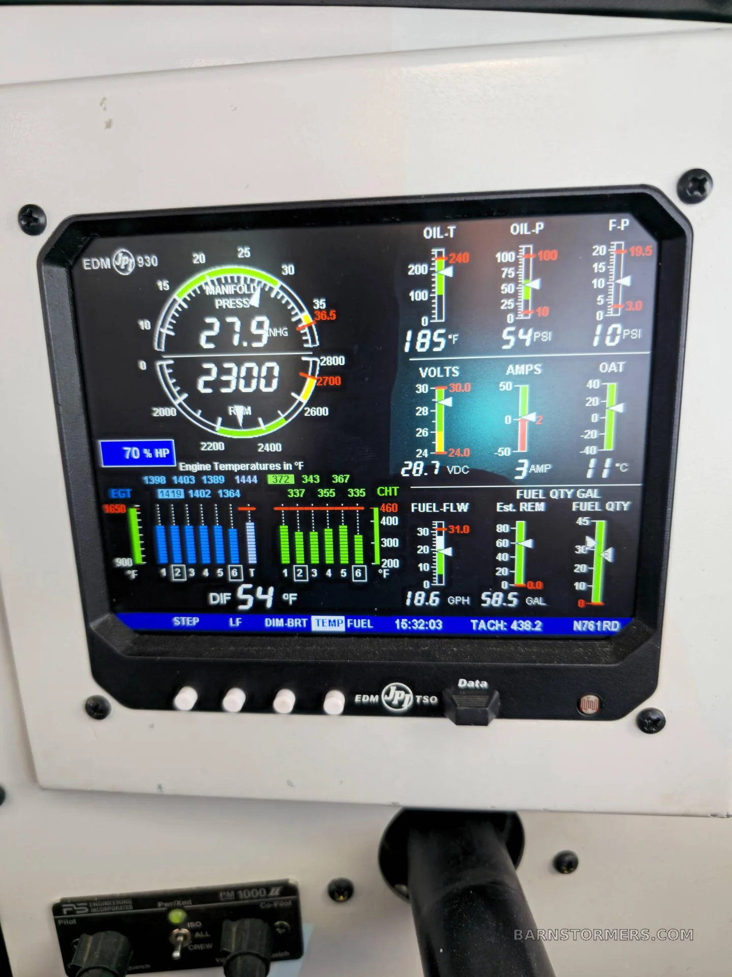 A close-up of a digital engine monitoring display (EDM 930) showing various engine parameters.