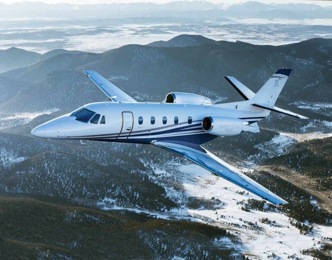 A Citation XLS+ flying over a mountainous landscape.