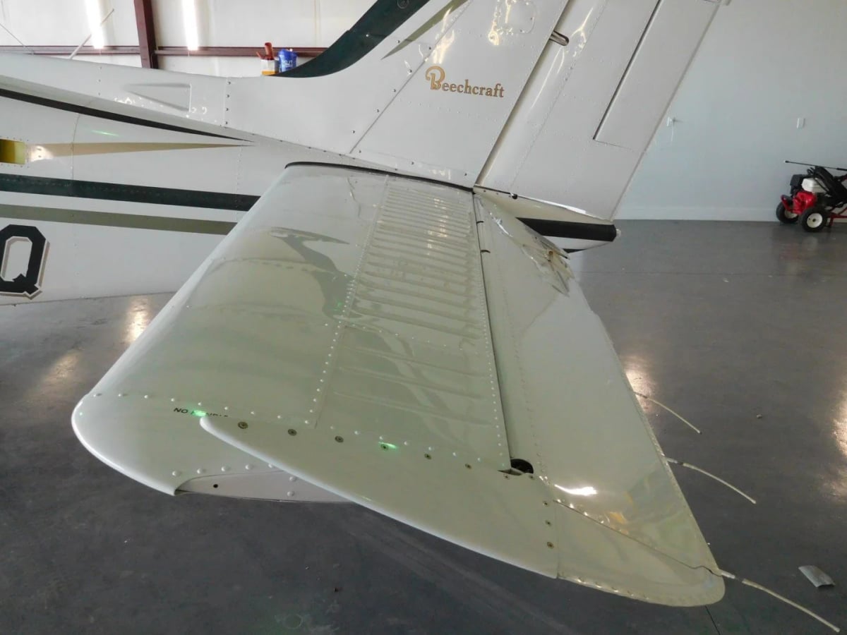 Close-up of the tail and wing of the Beechcraft Baron.