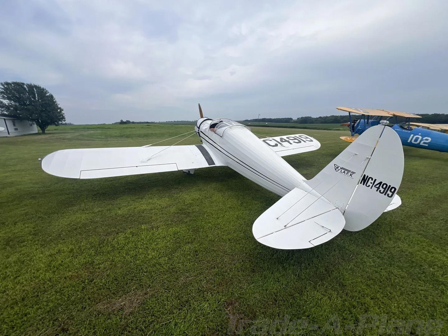 A white vintage Monocoupe 110 Special aircraft with tail number NC14919 parked on a grassy field.