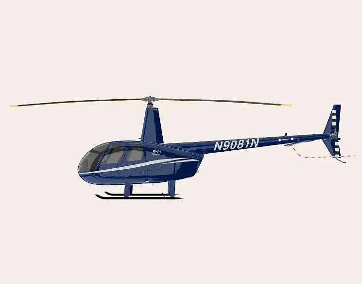 A blue Robinson R44 helicopter with white stripes, viewed from the left side.