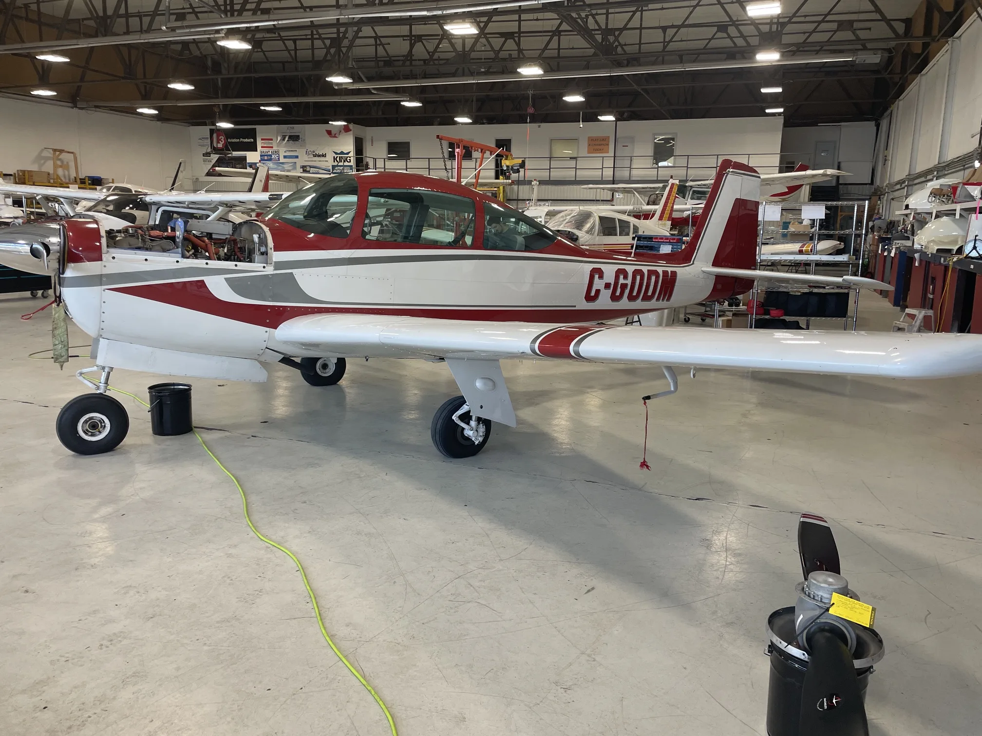A red and white single-engine aircraft, registration C-GODM, parked inside a hangar.