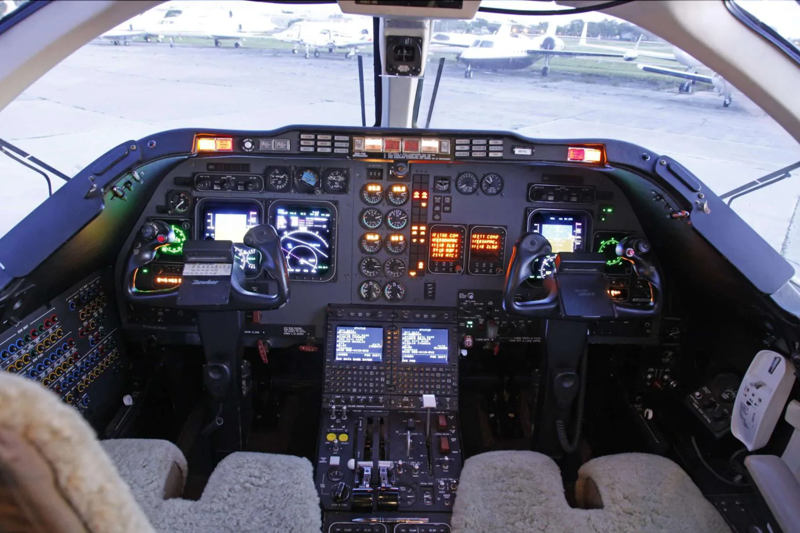 The cockpit instrument panel of the aircraft with various gauges and controls.