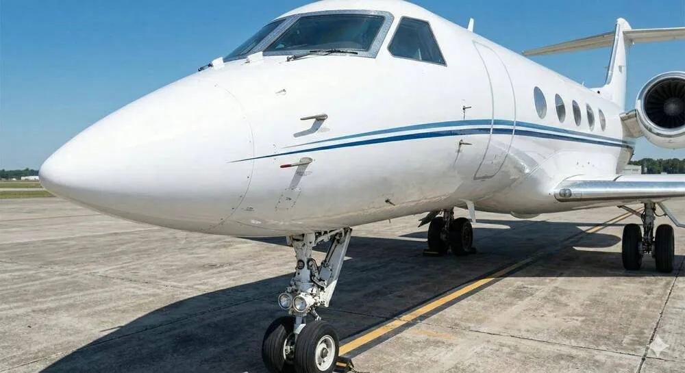 Front section of a white business jet with blue and grey stripes on the tarmac.