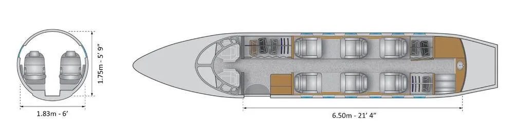A diagram illustrating the floor plan and cross-section dimensions of a business jet's cabin layout.