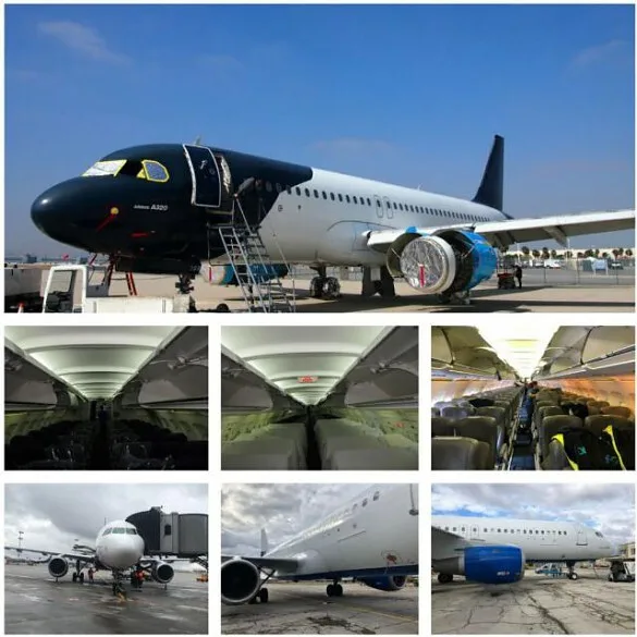 A collage featuring an Airbus A320 with a black nose and white fuselage, showing various exterior views on the tarmac and different interior cabin configurations.