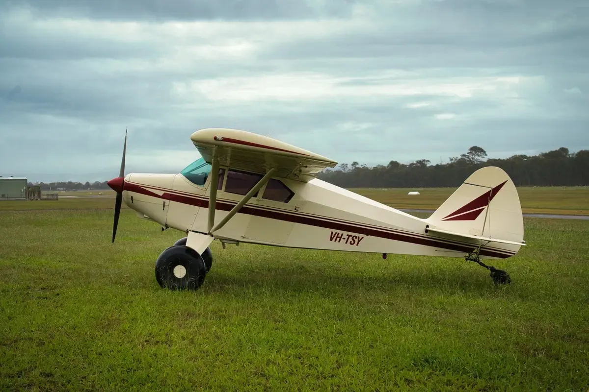 A cream and maroon single-engine taildragger aircraft with registration VH-TSY parked on a grassy airfield, viewed from the side.