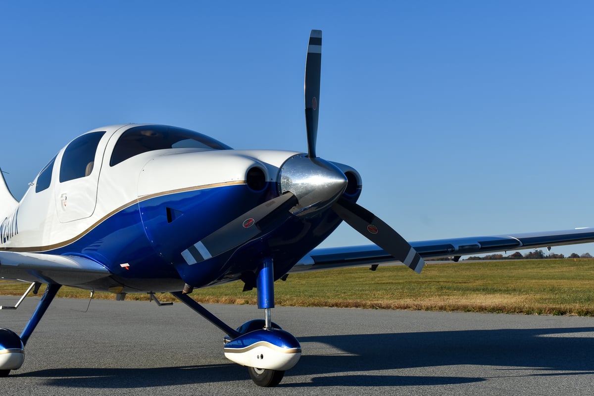 Close-up of the engine and propeller of Cirrus VK-30 aircraft N2517X.