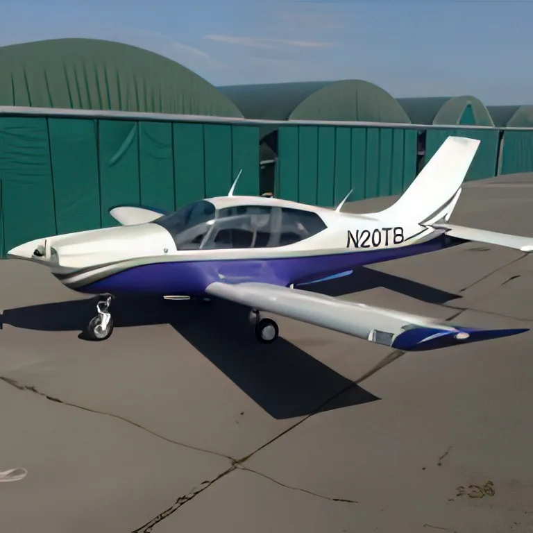 A white and purple single-engine aircraft, N20TB, parked on an airfield with green hangars in the background.
