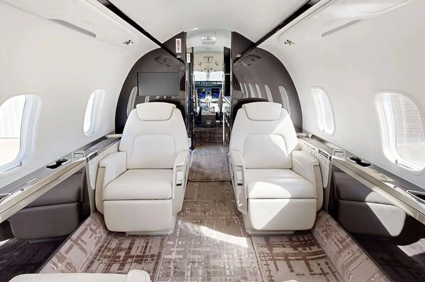 A view of the private jet's cabin showing two rows of white leather seats facing forward.