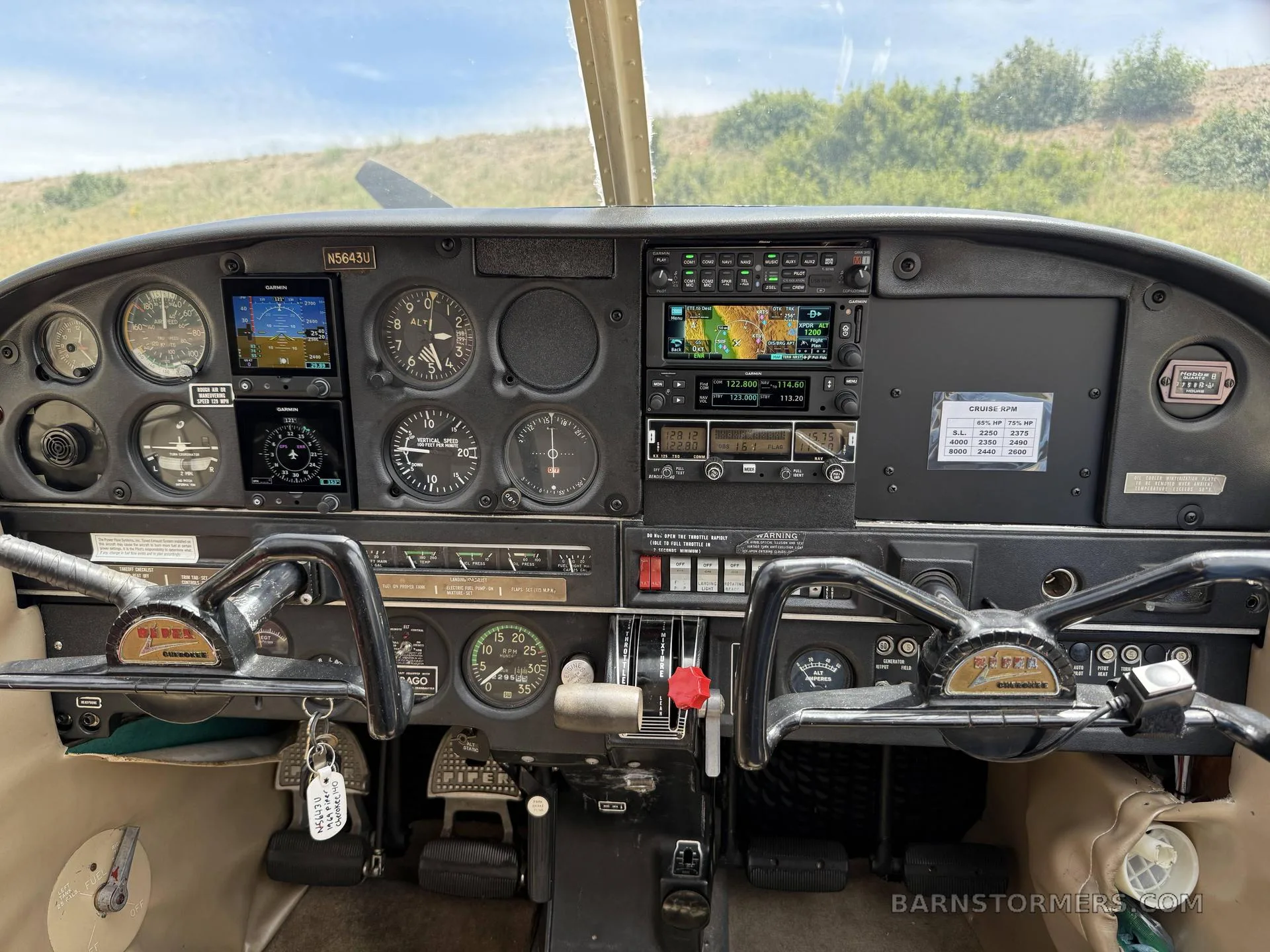 The cockpit of a Piper aircraft, showing the instrument panel with analog gauges and modern Garmin digital displays, and two control yokes.