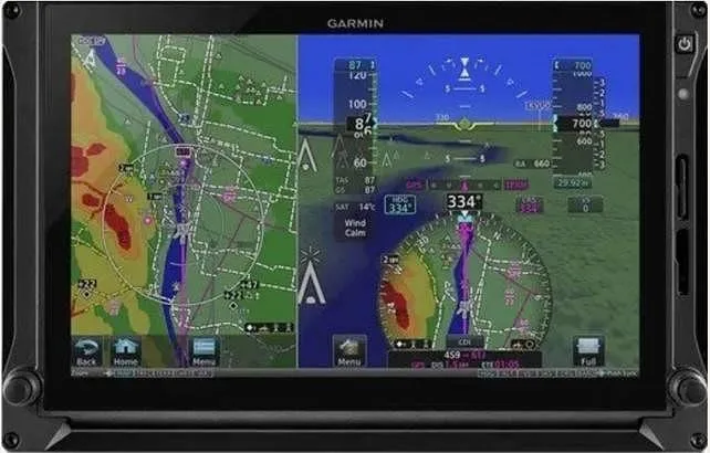 A Garmin display screen showing a split view of a navigation map and flight instruments.