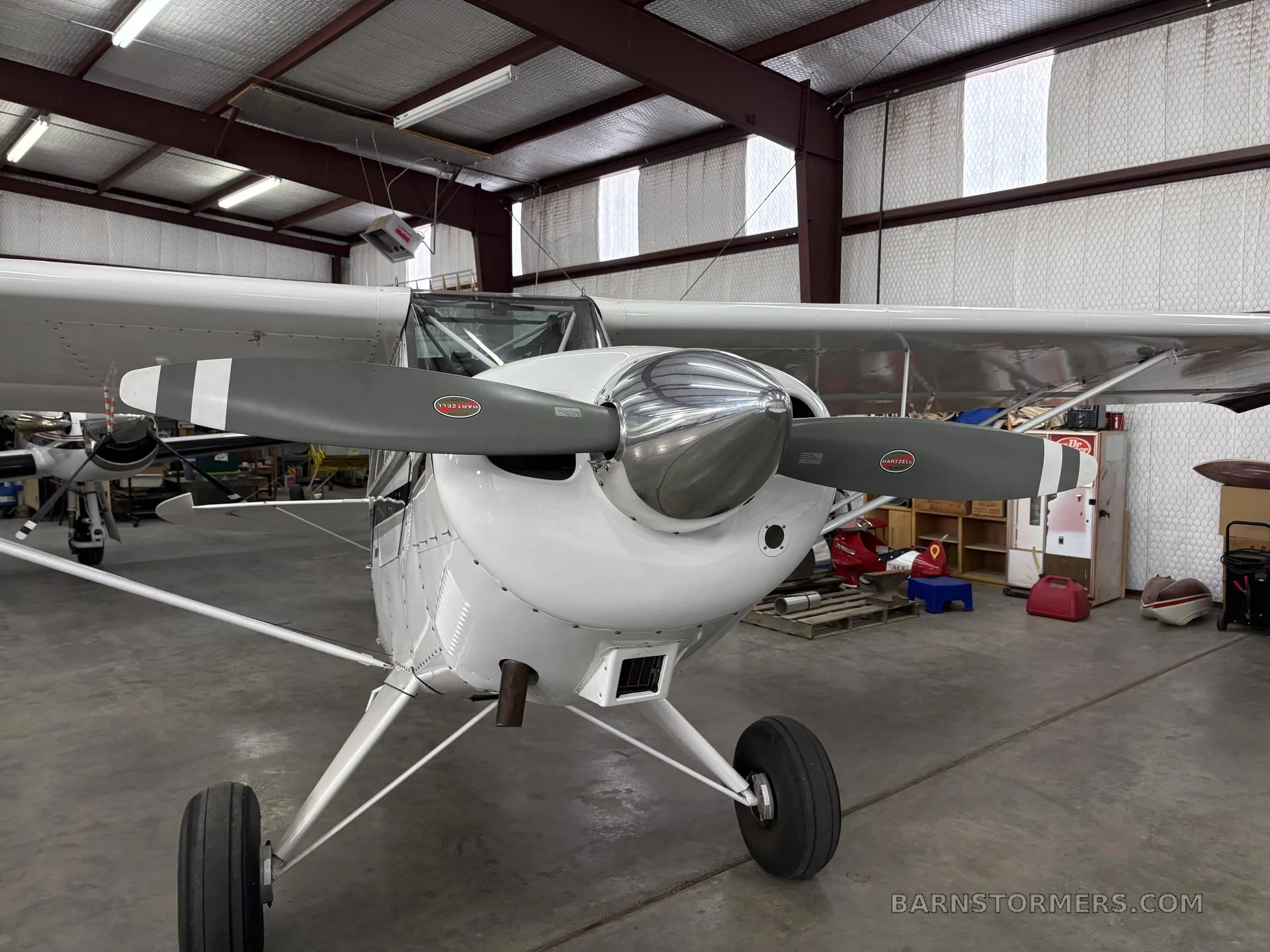 The front view of a white Aviat Aircraft Husky A-1B with a grey propeller, parked inside a hangar.