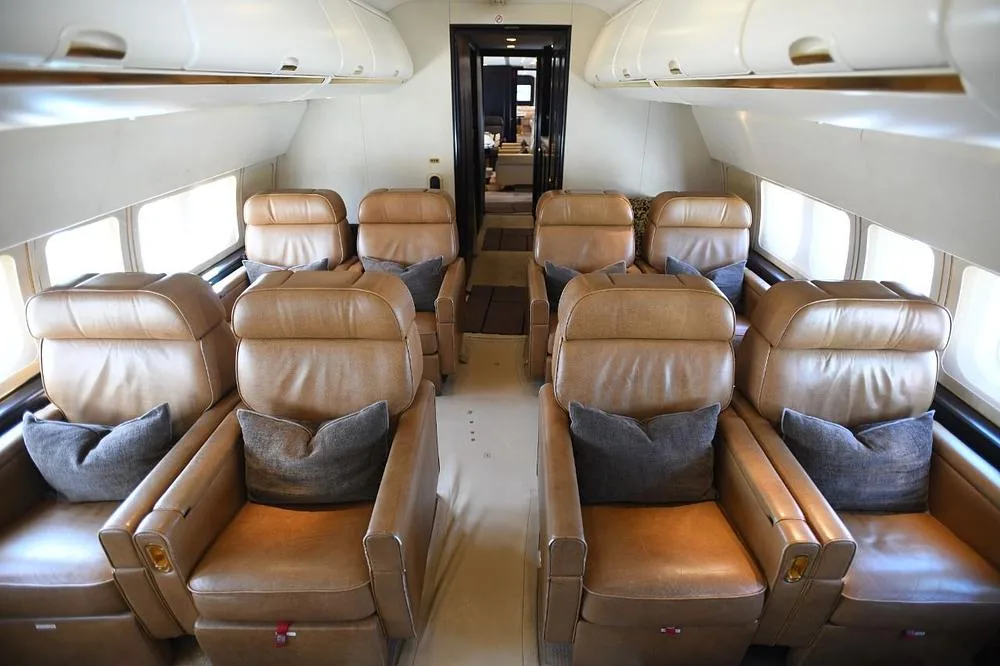 The aircraft cabin features rows of tan leather seats with grey pillows, looking towards the rear.