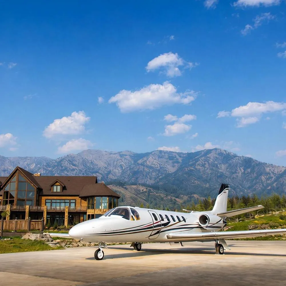 A white Cessna Citation jet with black and red stripes parked on a tarmac in front of a large wooden house and mountains under a blue sky.