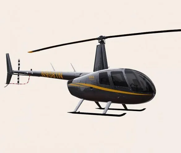 A dark gray Robinson R44 helicopter with yellow stripes and registration N9081N, viewed from the front-right side.