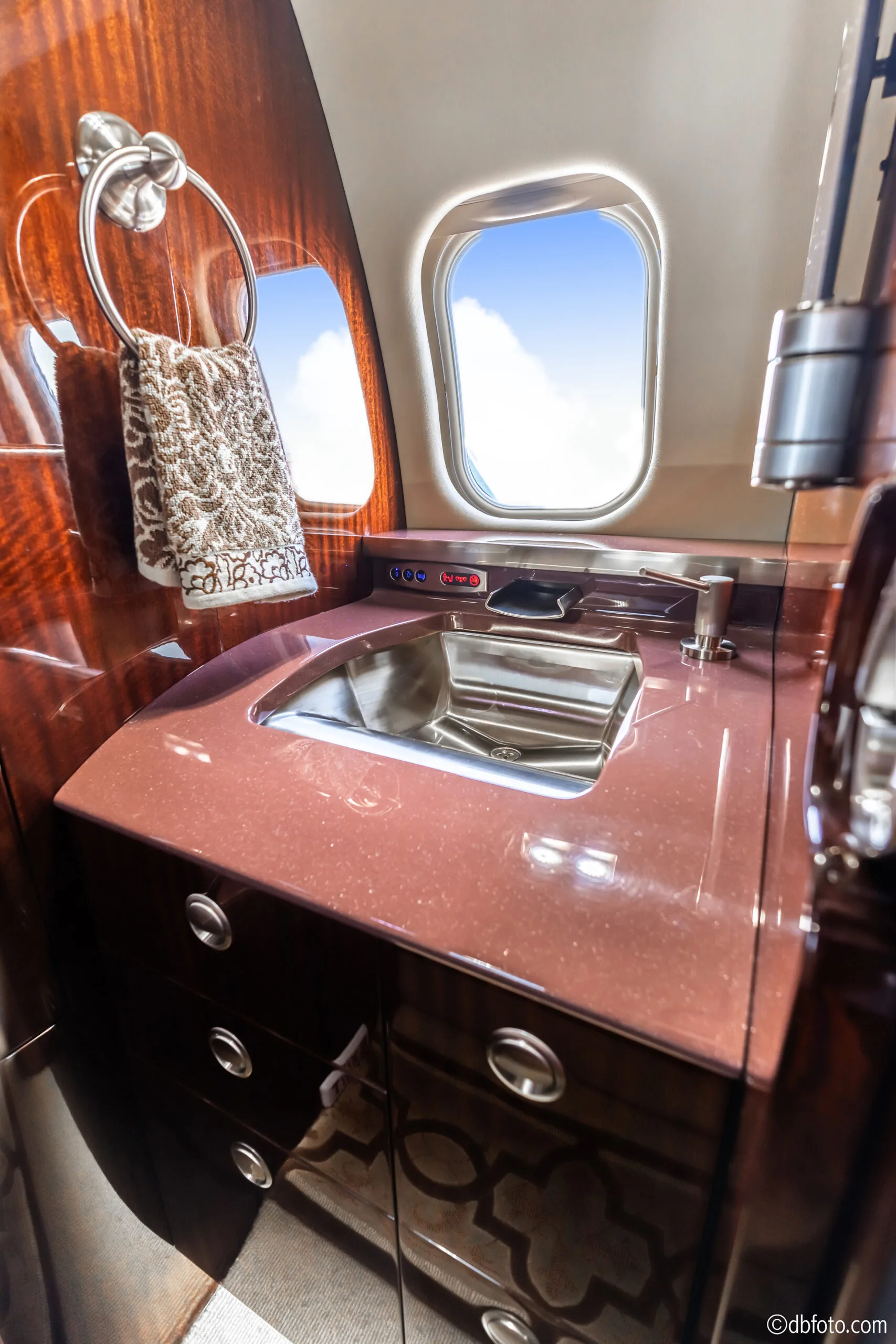 Lavatory sink and vanity area inside the aircraft.