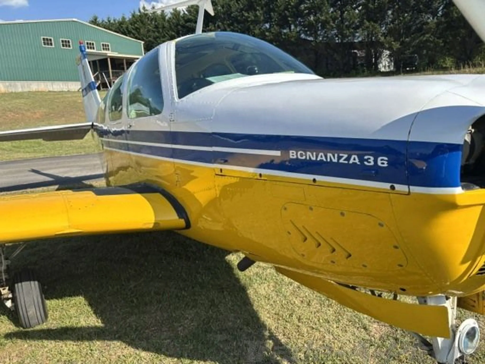 Side view of the front fuselage and wing root of a yellow and white Beechcraft Bonanza 36 on grass.