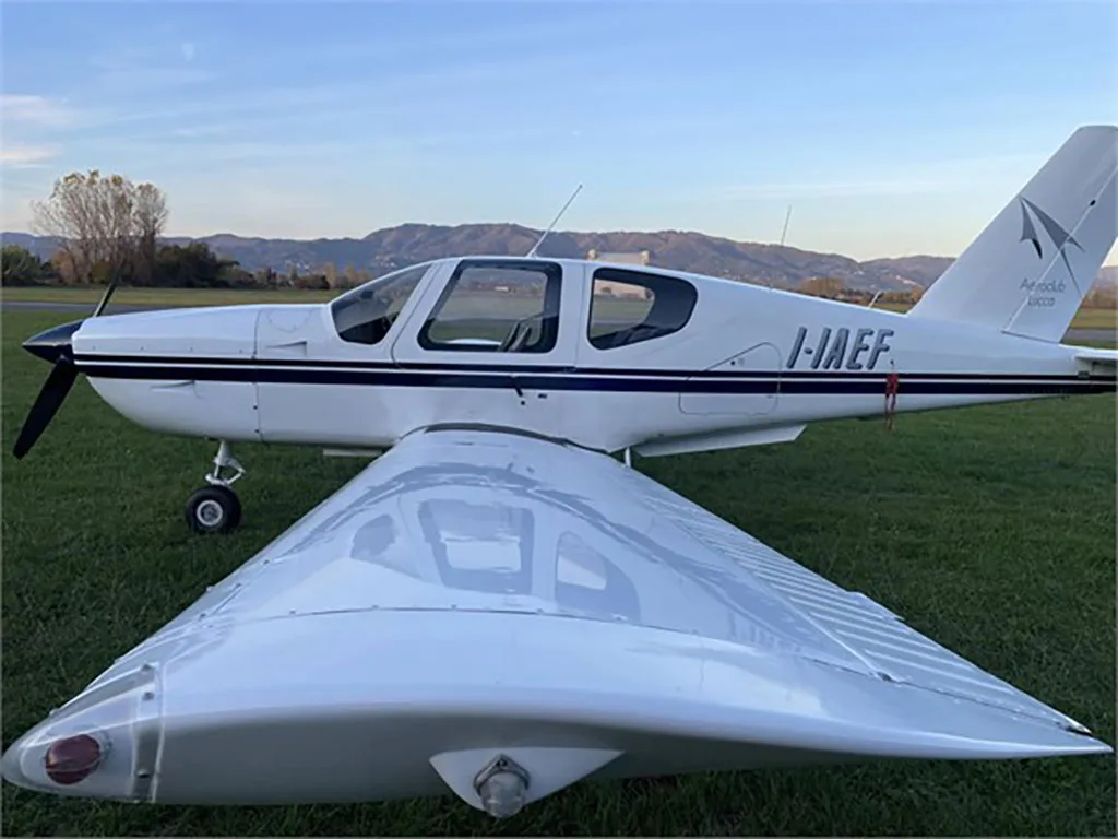 A white single-engine aircraft with black stripes and registration I-IAEF parked on a grassy field with mountains in the distance.