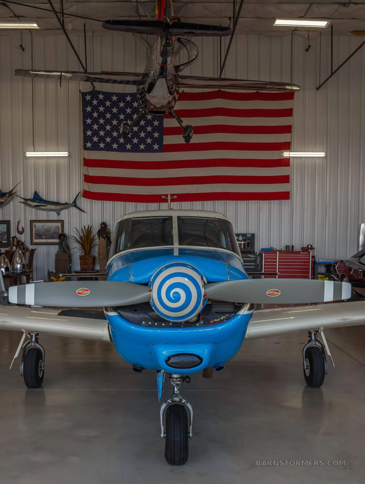 A blue and white Piper Comanche 250 with a spiral spinner is viewed head-on in a hangar.