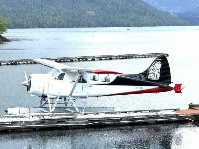 A white and black floatplane with red accents and a unique tail art, C-FGQC, docked on a calm body of water with mountains in the background.