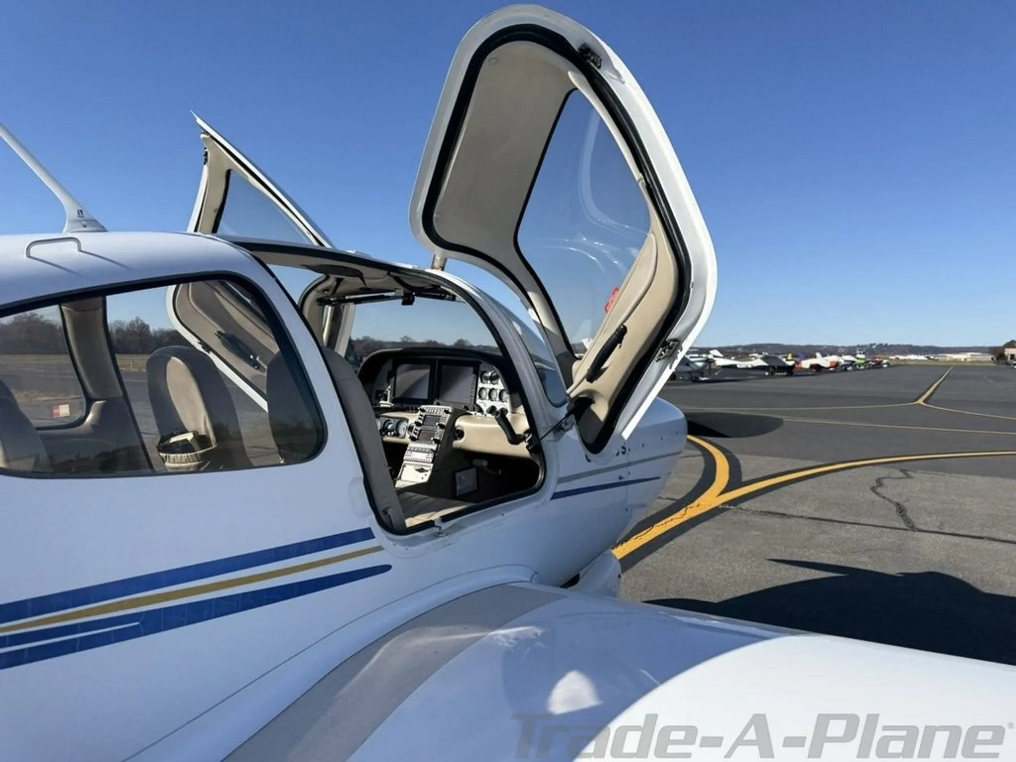 The cockpit view with the door open.