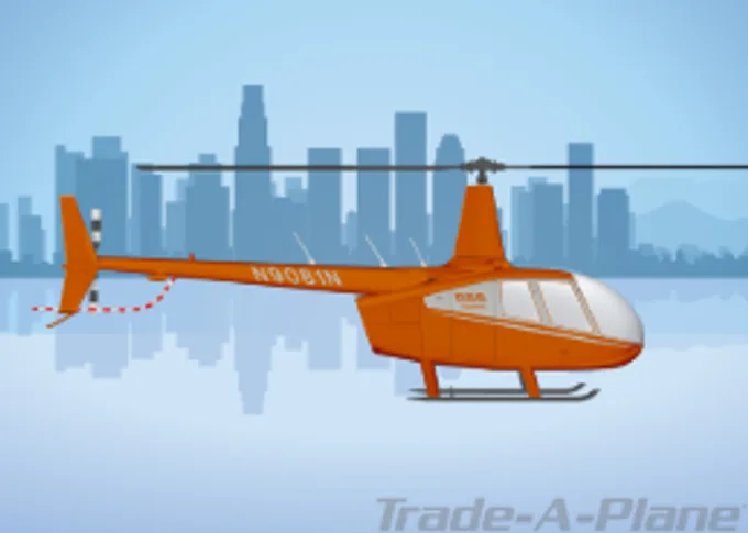 An orange helicopter, possibly a Robinson R22 or R44, with registration N9081N, illustrated against a blue sky and city skyline.
