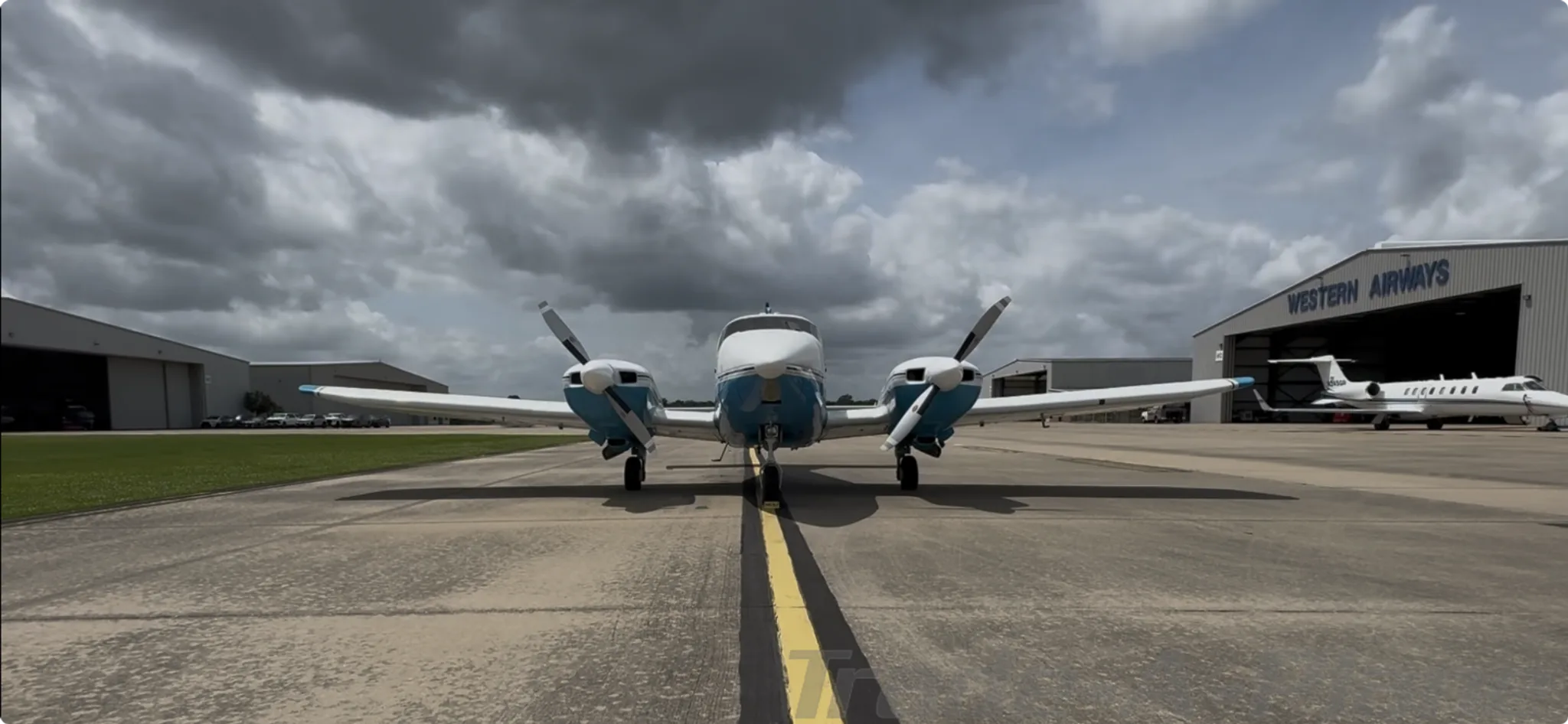 Front view of the aircraft at the hangar.