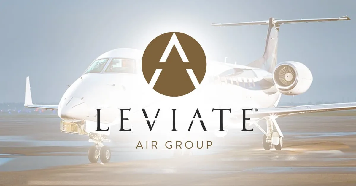 A white business jet on a tarmac with the 'Leviate Air Group' logo overlaid.