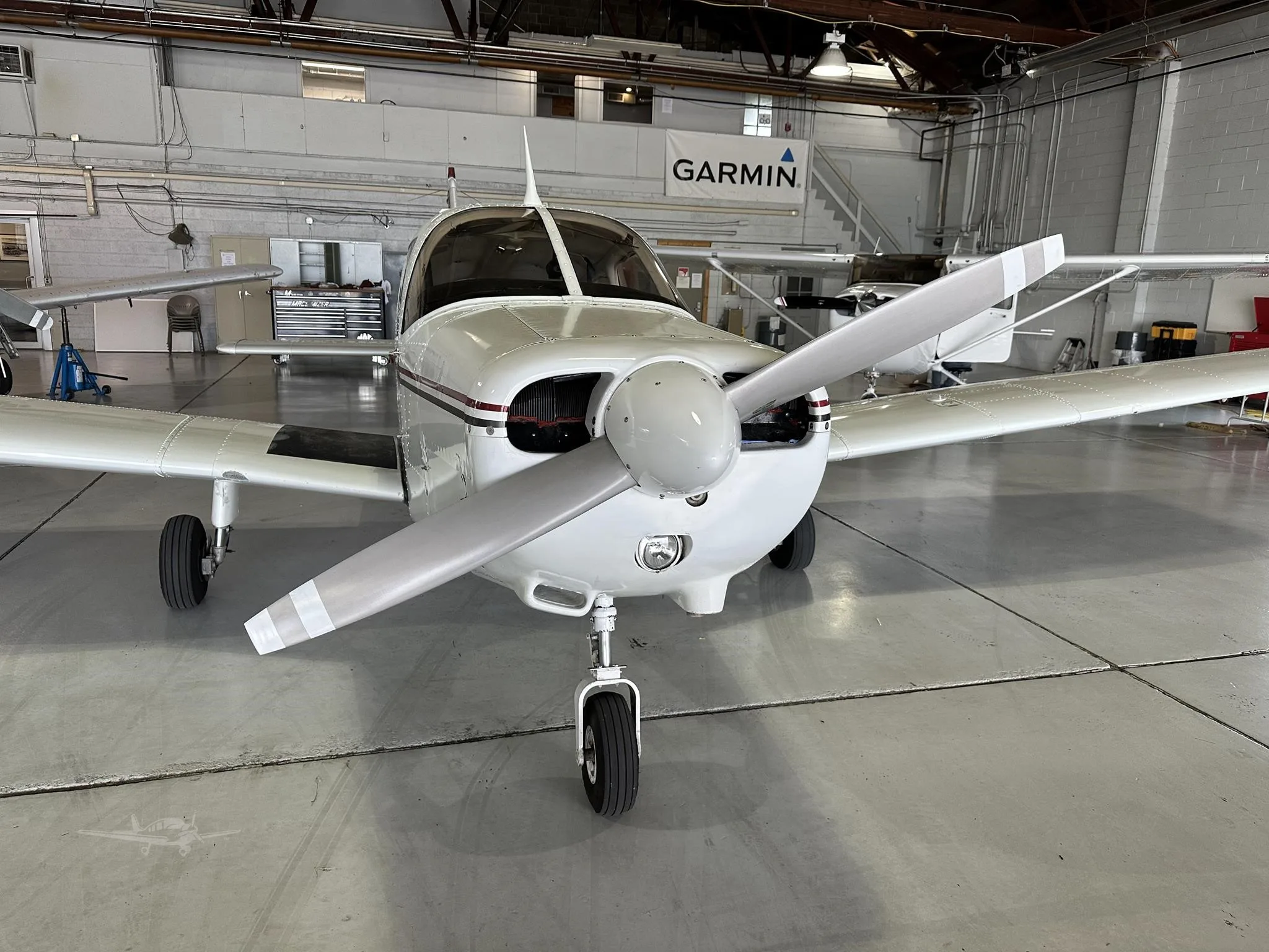A head-on front view of a white single-engine aircraft with maroon and black stripes, registration N73BW, in a hangar.