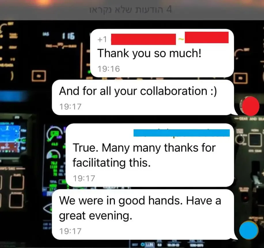 A WhatsApp conversation in English overlaid on a modern aircraft cockpit.