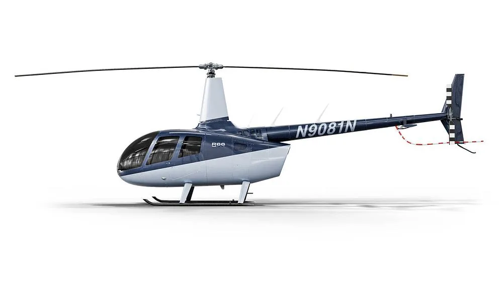 A side view of a blue and white Robinson R66 helicopter with registration N9081N.