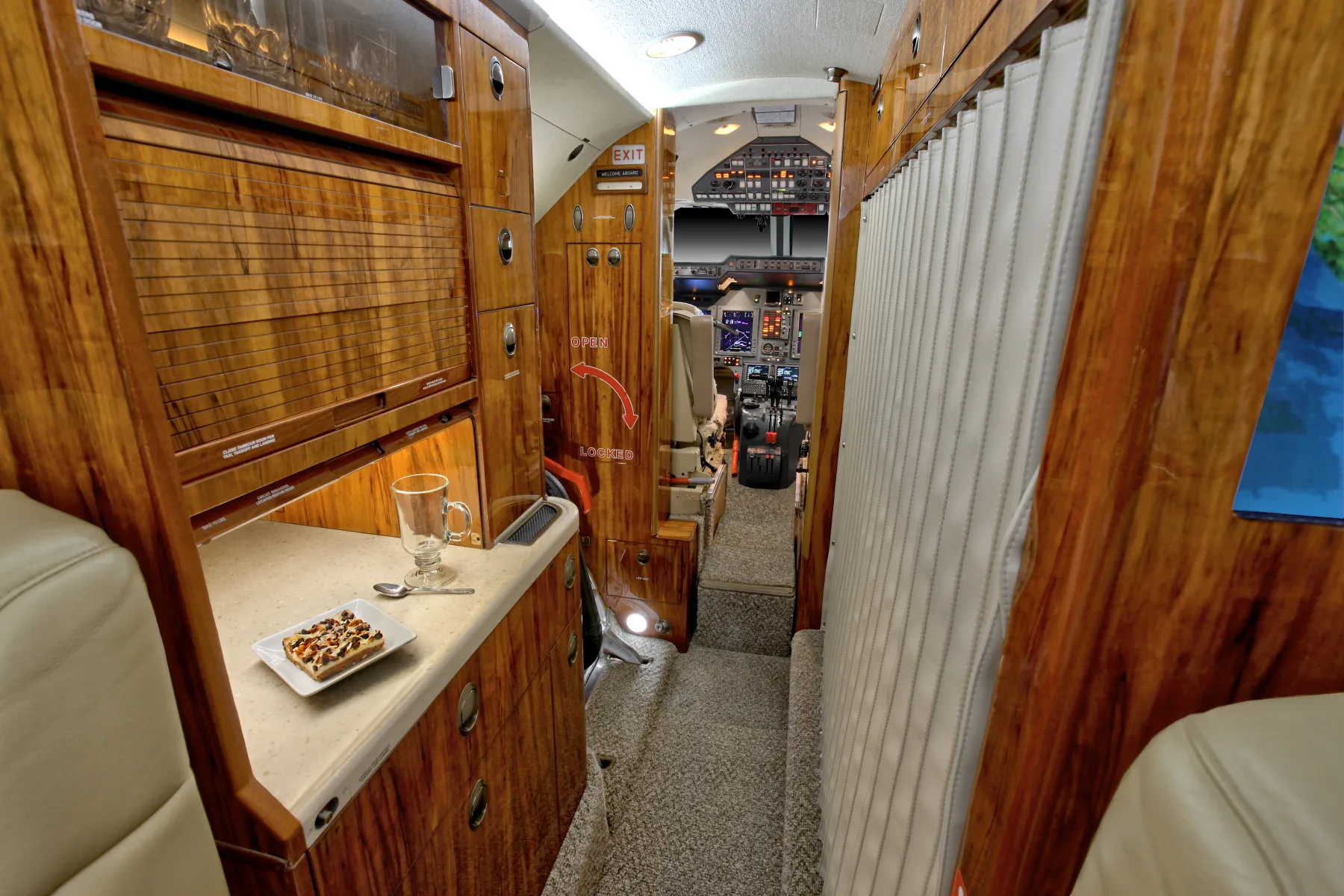 A view of the aircraft's interior looking towards the cockpit.