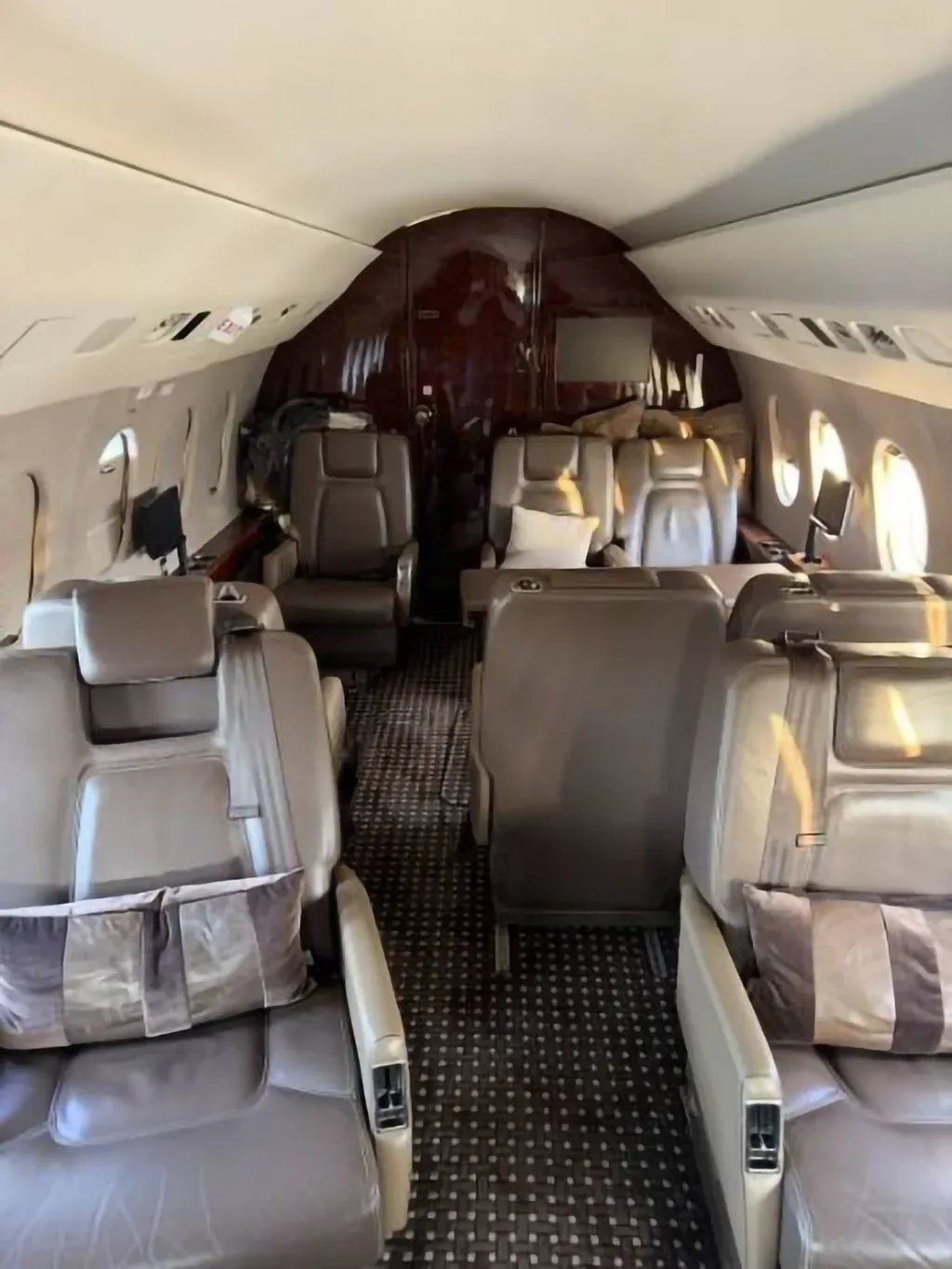 View of the aircraft's luxurious cabin interior with brown leather seats and a patterned carpet.