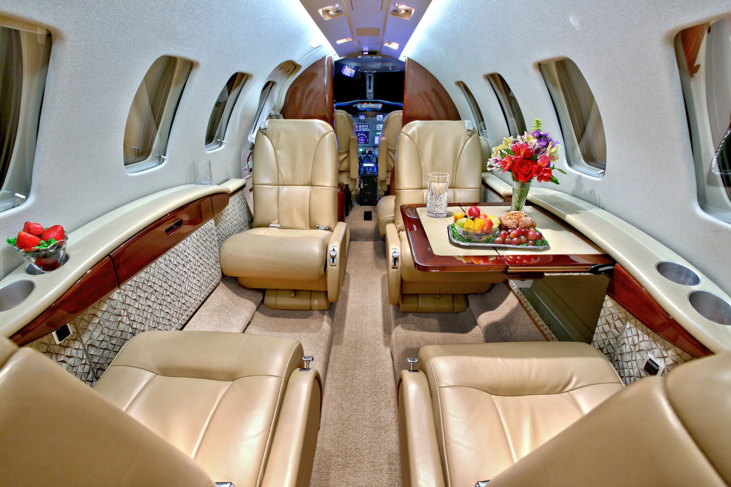 The aircraft's interior features leather seats, a table with refreshments, and woven side panels.