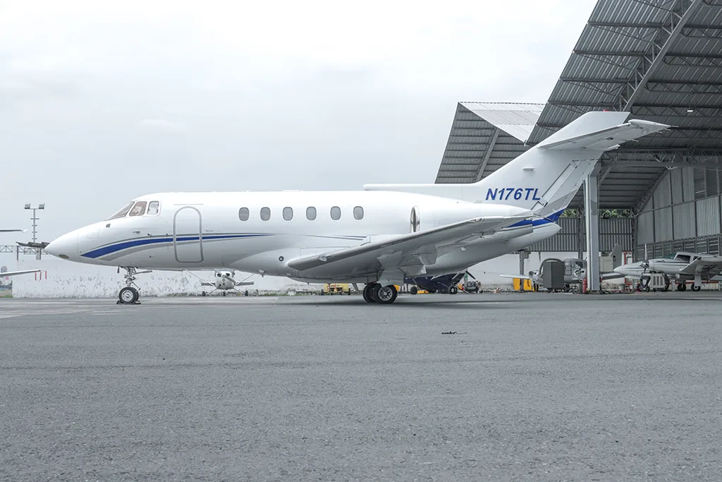 A white business jet with blue and grey stripes, registration N176TL, parked on an tarmac next to a hangar.
