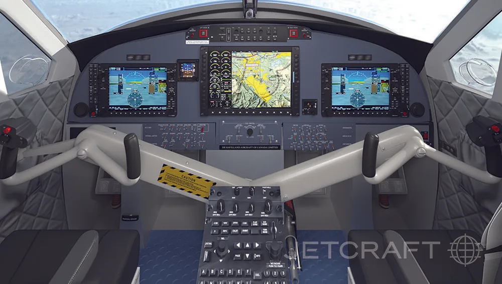A rendering of an aircraft cockpit featuring multiple digital displays and control yokes.