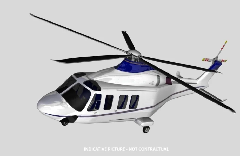 A rendering of a white and blue helicopter.