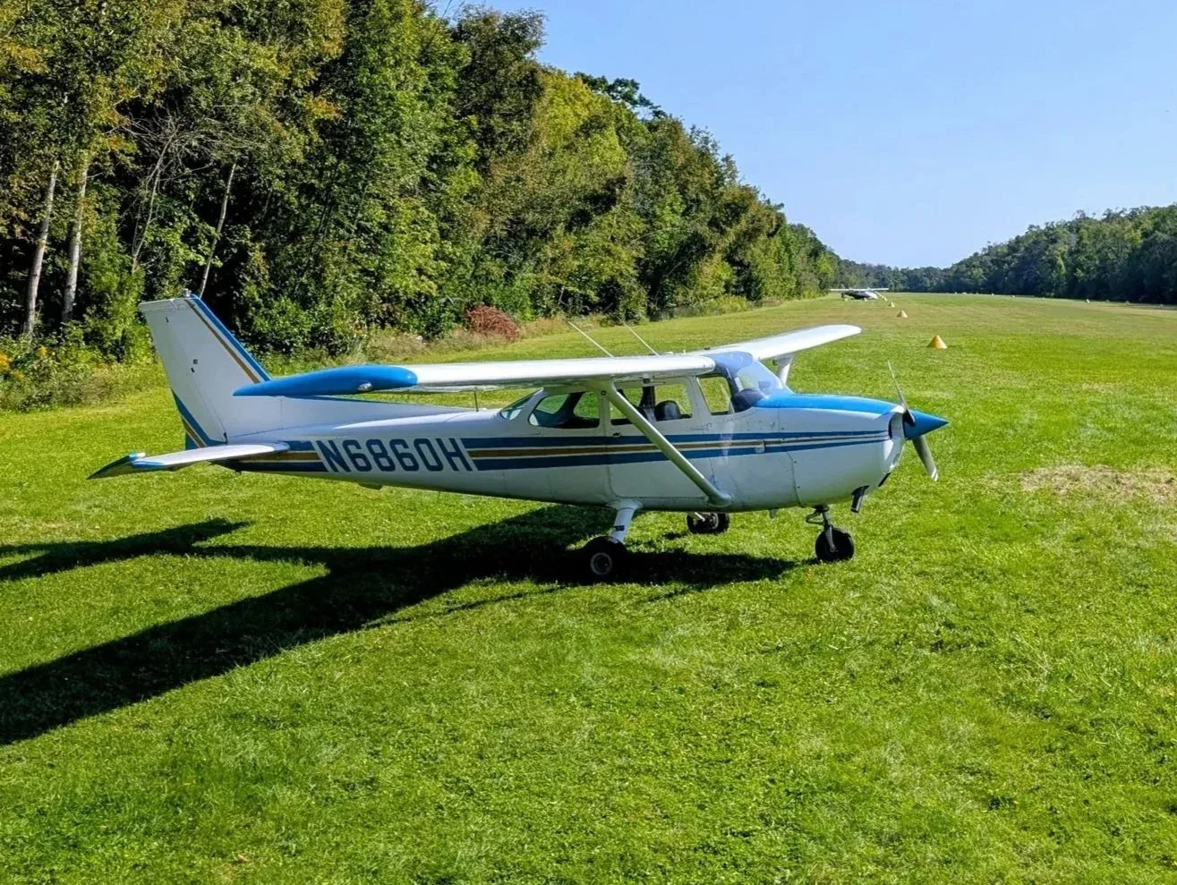 A white single-engine aircraft with blue and gold stripes, registration N6860H, parked on a grassy airstrip with trees in the background.