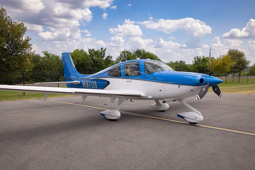 A blue and white Cirrus SR22 aircraft, N970S, parked on an asphalt ramp under a partly cloudy sky.