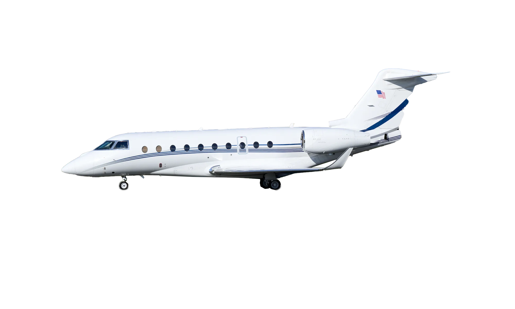 A white Gulfstream business jet with blue stripes on its fuselage and tail, seen from a side profile view on an airfield.